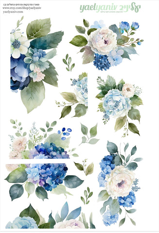 גליון מדבקות לפלאנר/יומן -  פרחים כחולים (3) רקע שקוף מט