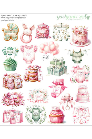 גליון מדבקות איורים להולדת תינוקת