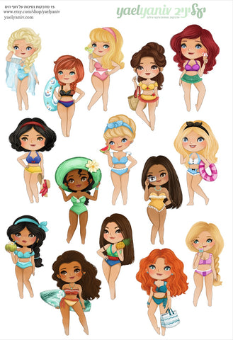 גליון מדבקות לפלאנר/יומן - נסיכות על חוף הים)