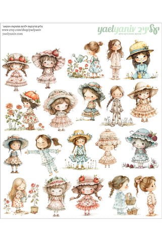 גליון מדבקות ילדות מתוקות בסגנון וינטאג'